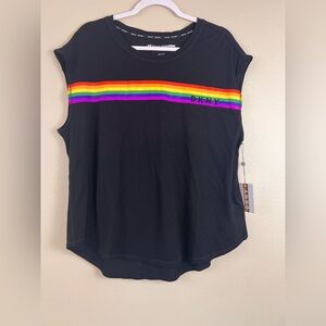 DKNY Black Woman’s Cap Sleeve Top w/ Vibrant Rainbow Stripe Accent Women’s Large